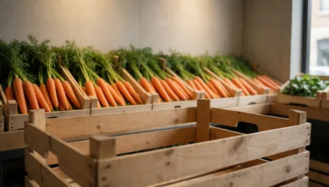 Fresh carrots with green tops in wooden crates inside a produce shop with concrete walls and warm lighting