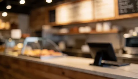 Warm pizzeria background featuring a cash register and pastry display counter with soft lighting, ideal for commercial text overlays.