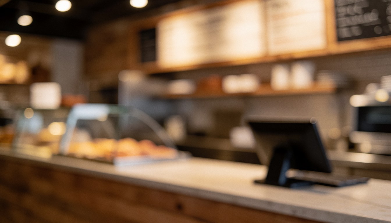 Warm pizzeria background featuring a cash register and pastry display counter with soft lighting, ideal for commercial text overlays.