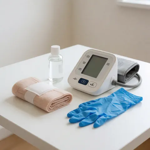 Postoperative care kit with pressure monitor, blue gloves, bandage, and antiseptic on a clean white table, ideal for clinics or offices.