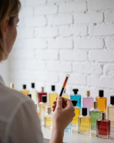 A customer testing a perfume strip in front of colorful bottles at a perfume store.