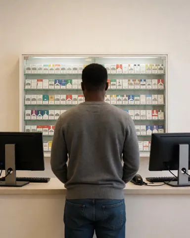 Back view of a customer choosing cigarettes from a lit shelf at a gas station counter with white walls and computers