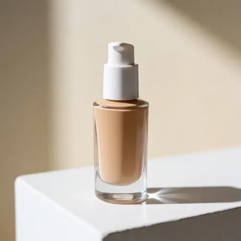Foundation bottle with pump on white pedestal, natural lighting, blurred beige background, ideal for perfume and cosmetics