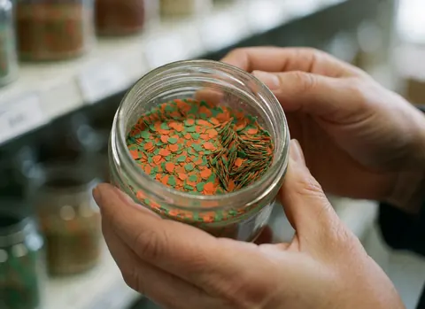 Hands holding a glass jar filled with orange and green flakes in a pet store with blurred shelves in the background