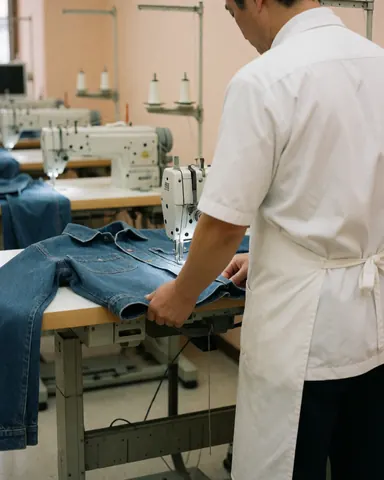 A worker sewing the edge of jeans on an industrial machine with sewing machines in the background of a clothing factory.