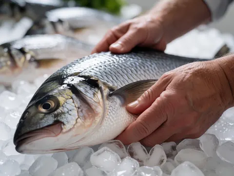 Close-up of hands holding a whole fresh fish on ice with blurred fish in the background, suitable for a ceviche restaurant