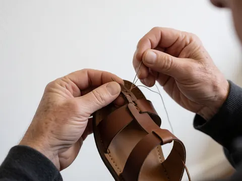 Close-up of hands stitching a leather sandal with needle and thread on a white background, highlighting precise craftsmanship for shoe repair.