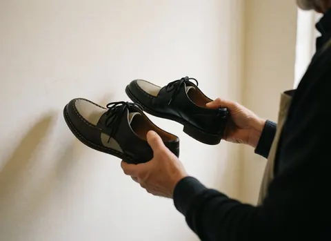 Hands holding two leather shoes for comparison against a warm white wall in a shoe store