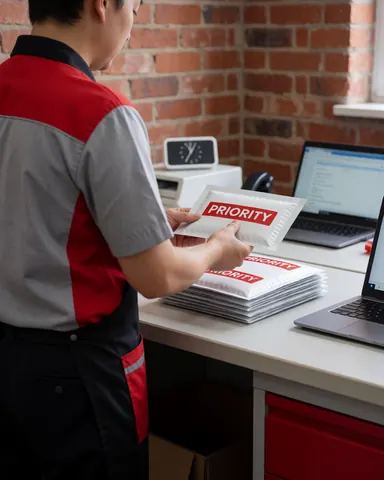Courier worker applying a priority shipping label to a package with a red brick wall and digital clock in the background