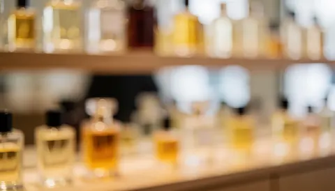 Blurred perfume bottles on wooden shelves in a warm-toned store background, ideal for text overlay.