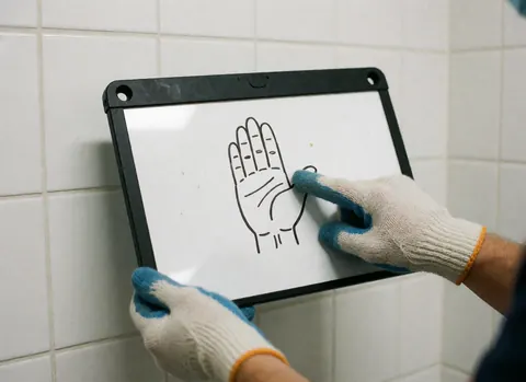 Close-up of a gloved hand pointing to a dive signal diagram on a white board against a tiled wall for a diving course