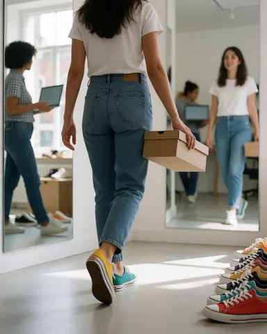 A woman walks through a modern shoe store carrying a box of new canvas shoes, with mirrors and natural light visible in the background.
