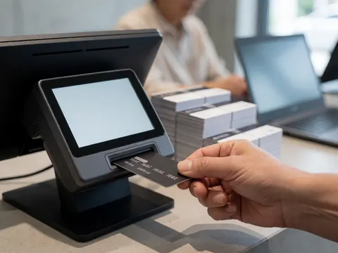 Close-up of a hand inserting a credit card into a point-of-sale terminal at a gas station counter with recharge cards visible.