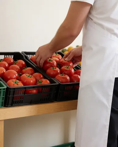 A vendor arranging fresh red tomatoes in black crates on a wooden shelf in a fruit and vegetable shop with white walls.