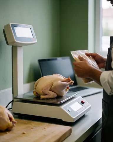 A vendor weighs a whole chicken on a digital scale while a customer holds a bag at a poultry farm.