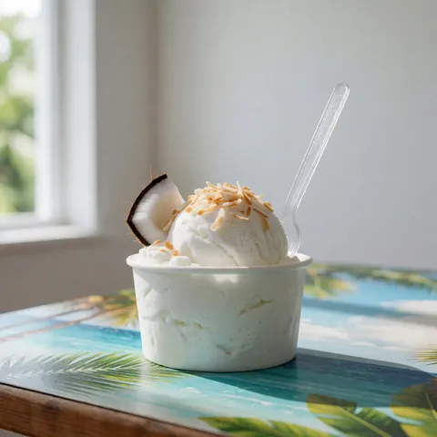 Coconut ice cream served in a tropical cup topped with toasted coconut and a slice, placed on a tropical table.