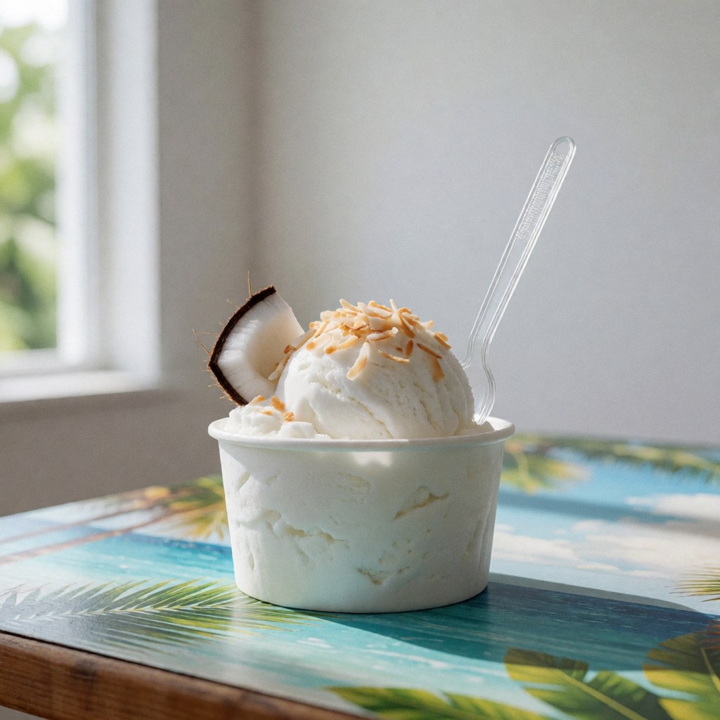 Coconut ice cream served in a tropical cup topped with toasted coconut and a slice, placed on a tropical table.