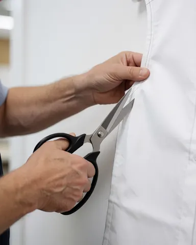 Close-up of a hand using professional scissors to cut a sewing pattern on white fabric in a garment workshop