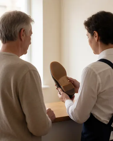 A customer examines a shoe with a new sole while staff displays the product on a wooden table in a shoe repair shop.