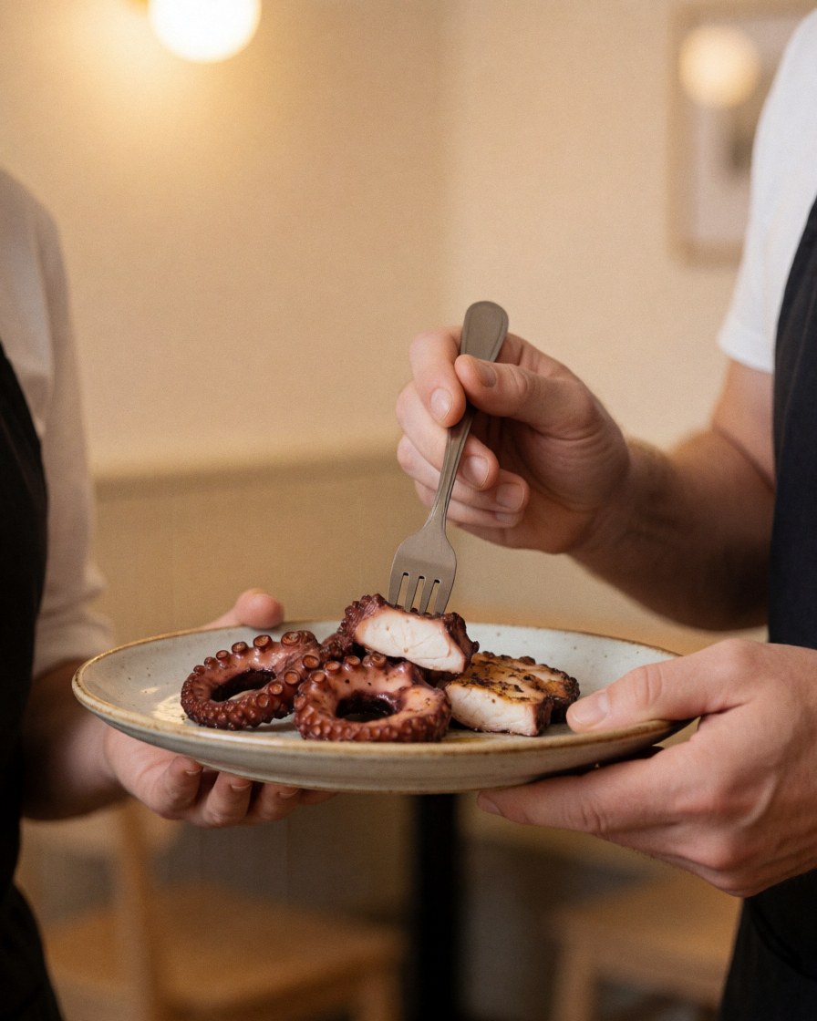 A customer enjoying grilled octopus in a restaurant with warm lighting and beige walls