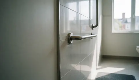 Stainless steel safety grab bar mounted on tiled wall in a clean, bright bathroom with natural light and non-slip mat for seniors.