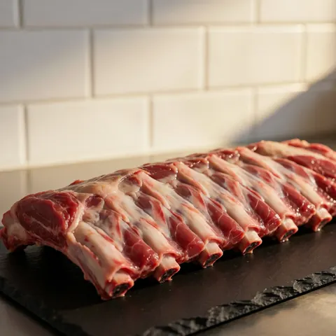 Fresh pork ribs arranged on a dark stone board with white tile background and warm lighting, suitable for a butcher shop display