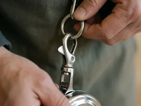 Close-up of hands adjusting a polished metal leash buckle against a fabric and light wood background for a pet store
