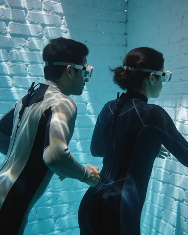 Two divers in wetsuits and masks swim near a white brick wall in a pool with sunlight rays.