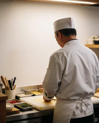 Back view of a pizzeria chef chopping fresh vegetables on a white cutting board in a professional kitchen setting