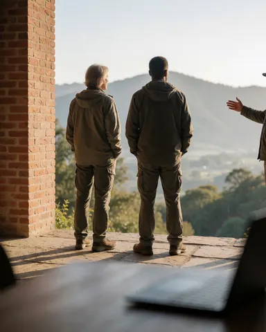 two travelers and a guide observe a mountain landscape from a brick terrace