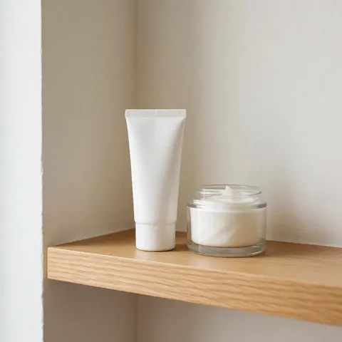 White cream tube and glass jar with cream on a wooden shelf against warm white walls with natural light