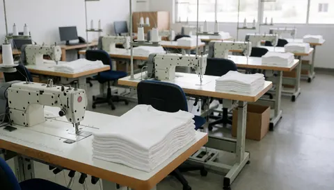 Rows of industrial sewing machines and stacks of white t-shirts in a well-lit, organized textile factory production area.