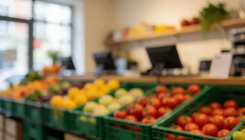 Green crates filled with red tomatoes and fruit on a sales counter with computers in the background
