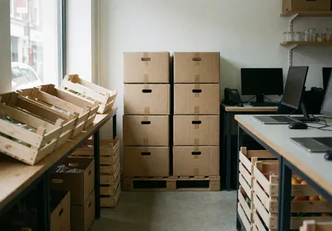 Cardboard boxes and wooden crates in a fresh produce warehouse illuminated by natural window light, showing an organized and functional storage space.