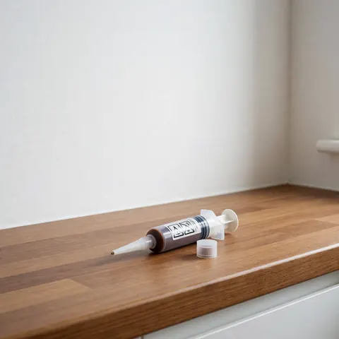 Close-up of a pest control gel syringe with a cap resting on a wooden countertop against a white wall, used for home insect elimination.