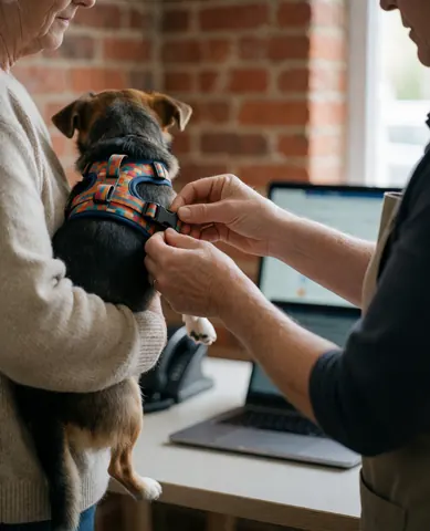 Staff member adjusting a colorful harness on a small dog held by a customer in a pet store with a brick wall and laptop on the counter