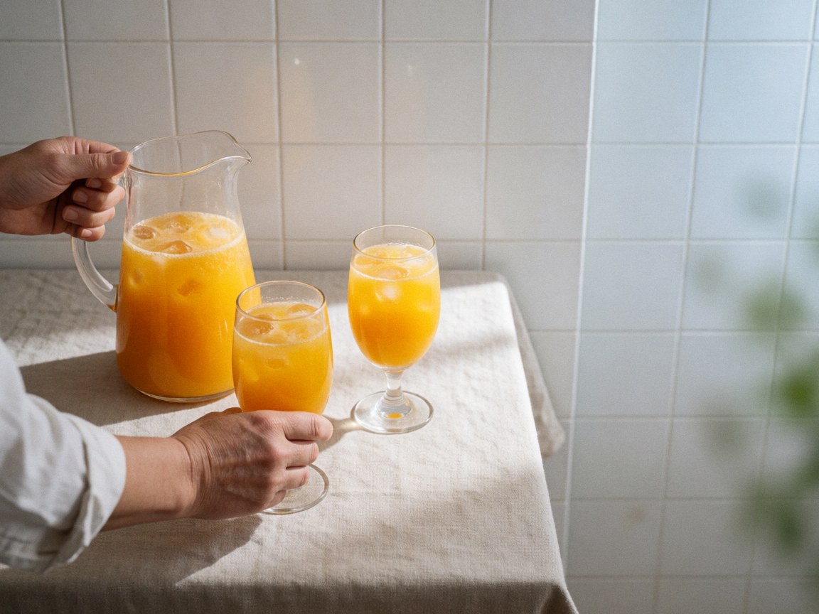 Hands pouring fresh juice into glasses with ice on a linen tablecloth against white tiled walls, capturing a ceviche restaurant detail.