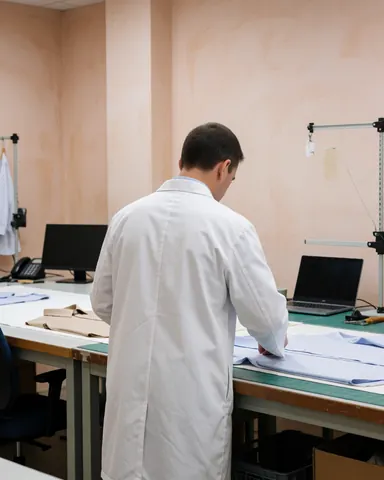 Textile technician reviewing a shirt pattern on a cutting table in a workshop with light terracotta plaster walls.