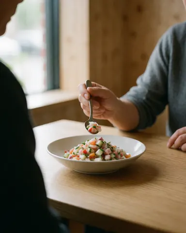 Close-up of a hand holding a spoon over a bowl of ceviche on a wooden table in a restaurant with natural light.