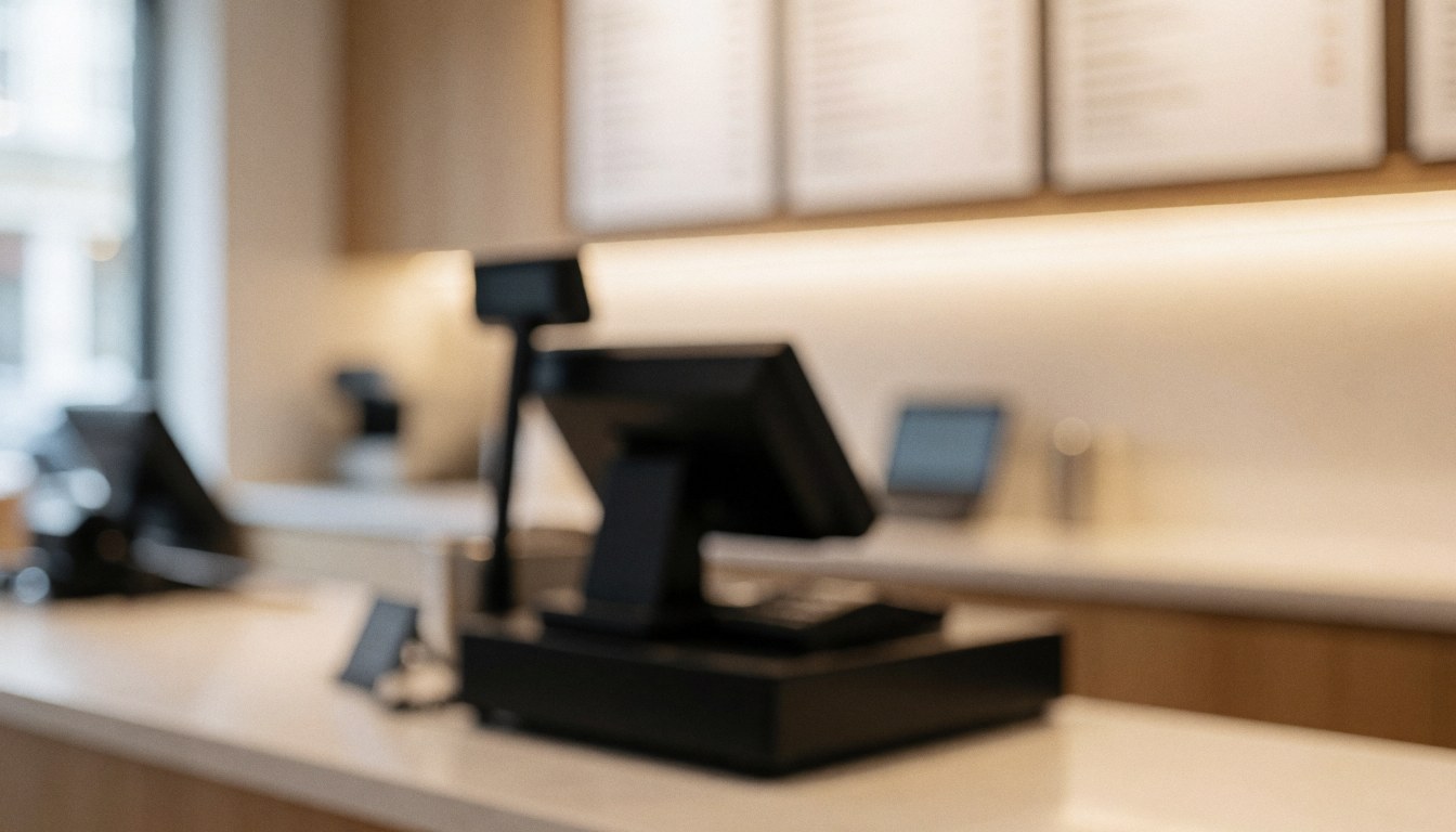 Blurred background of an ice cream shop featuring a cash register and a wall menu with warm lighting, suitable for commercial text overlay.