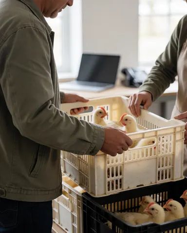 A customer holding a plastic box of chickens at a poultry farm, with natural light and a clean environment