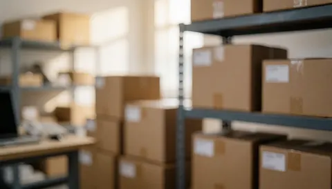 Warehouse background featuring metal shelving units stacked with labeled cardboard boxes, suitable for logistics and shipping text overlays