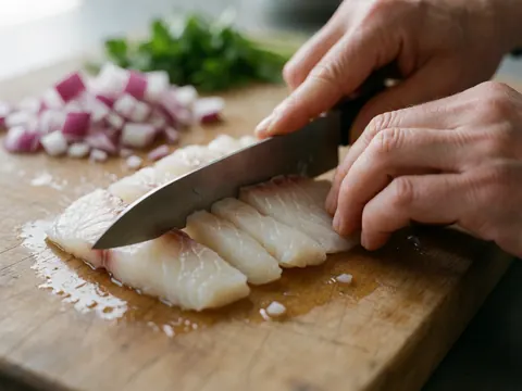 Close-up of hands using a sharp knife to slice a white fish fillet on a wooden cutting board with red onion and green herbs in the background