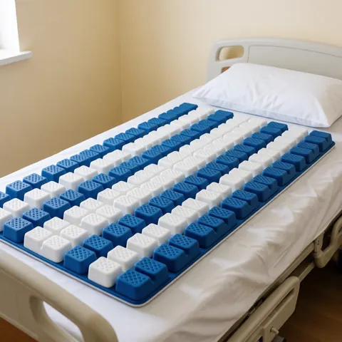Anti-ulcer mattress with blue and white cells on a hospital bed with white sheets and beige walls, ideal for medical centers