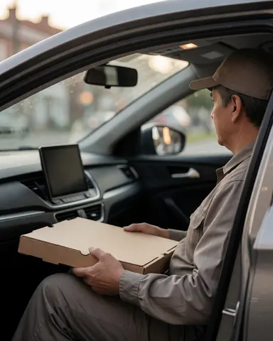 A pizza delivery person holding a pizza box while seated in a car, ready to make a delivery on the street during sunset.