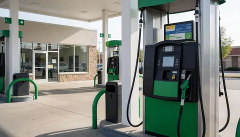 Green diesel fuel pump with a digital price sign at a clean gas station forecourt under a canopy, suitable for a website homepage.
