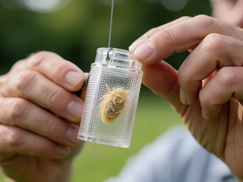 Close-up of a hand holding a transparent plastic trap with a captured insect, set against a blurred green background for pest control services