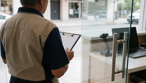 A waiter stands in front of a glass door entrance holding a clipboard, with a counter and scanner visible in the background.
