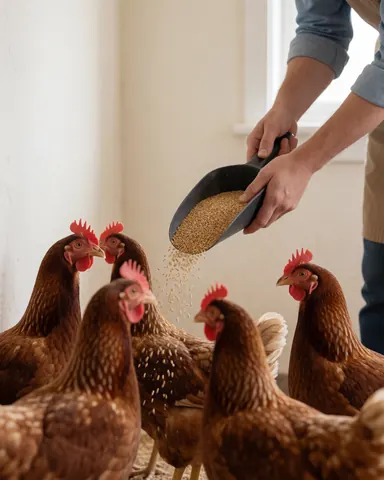 A hand pours corn grain to several brown hens in a poultry farm with white walls and natural light.