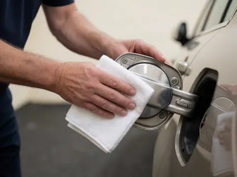 Close-up of a hand wiping a gas fuel cap with a white towel, showing reflections on the metal surface against a gray asphalt background.